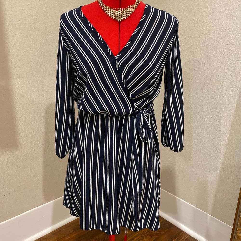 Stripped Navy and White Faux Wrap Dress